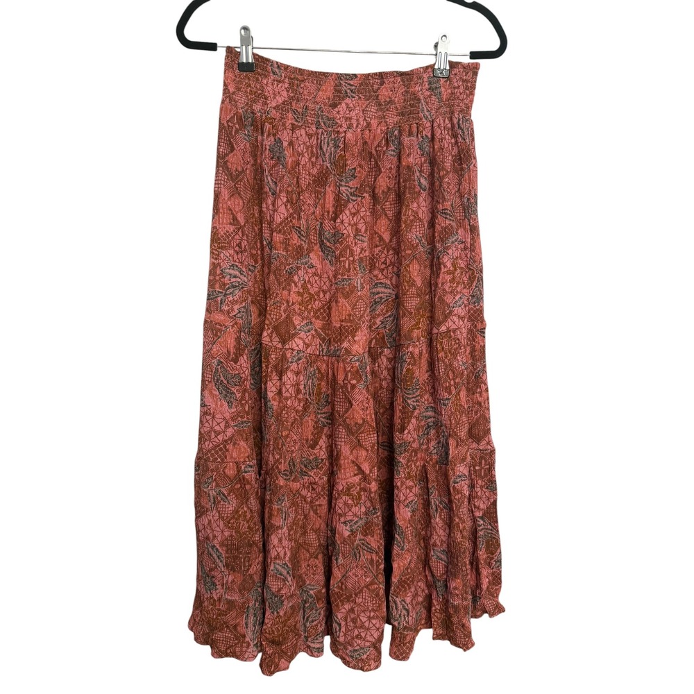 Faherty Terracotta Pink Printed Tiered Smocked Maxi Skirt Small Boho Flowy